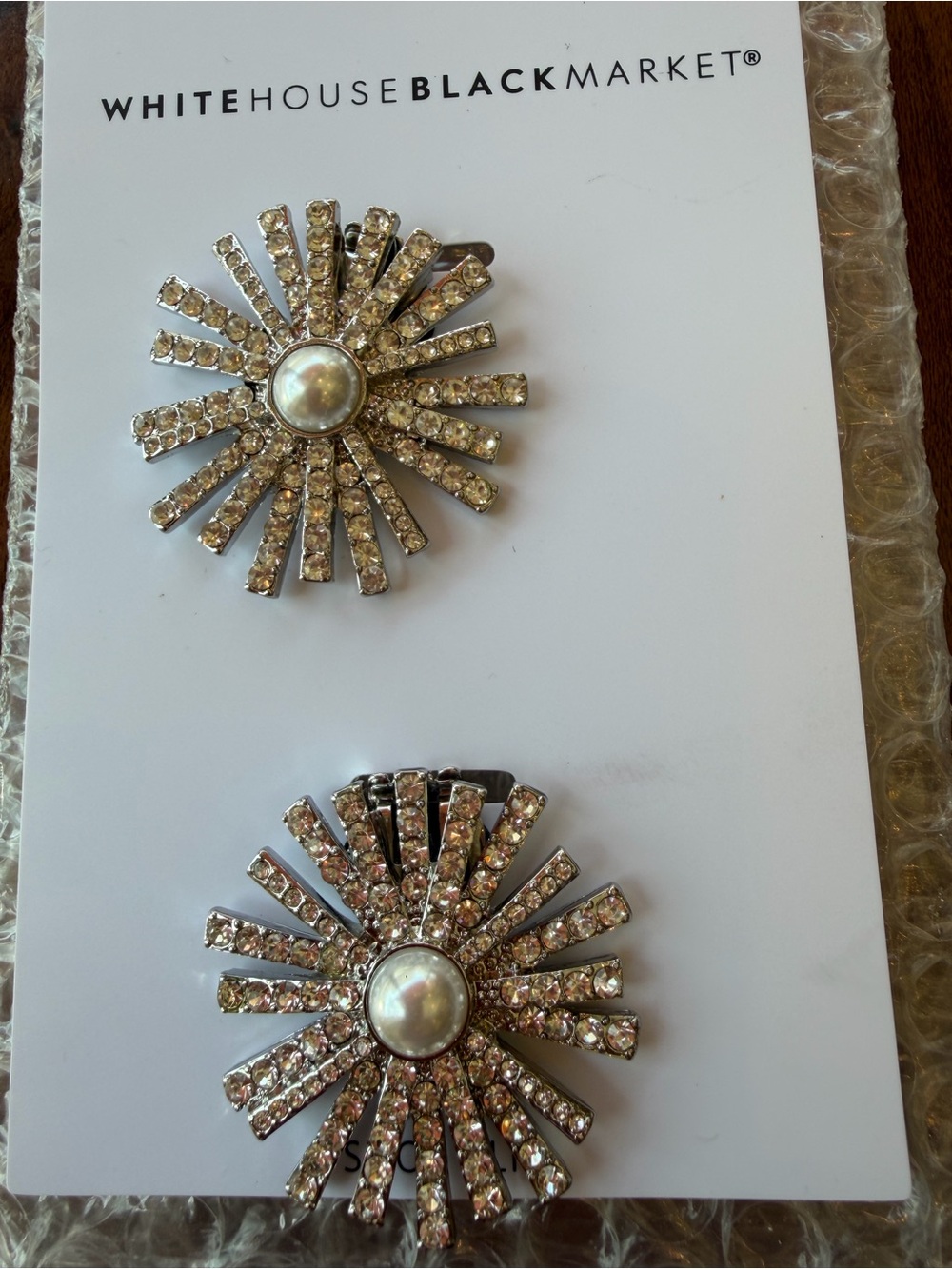 White House Black Market Silver Pearl & Crystal Sunburst Shoe Clips